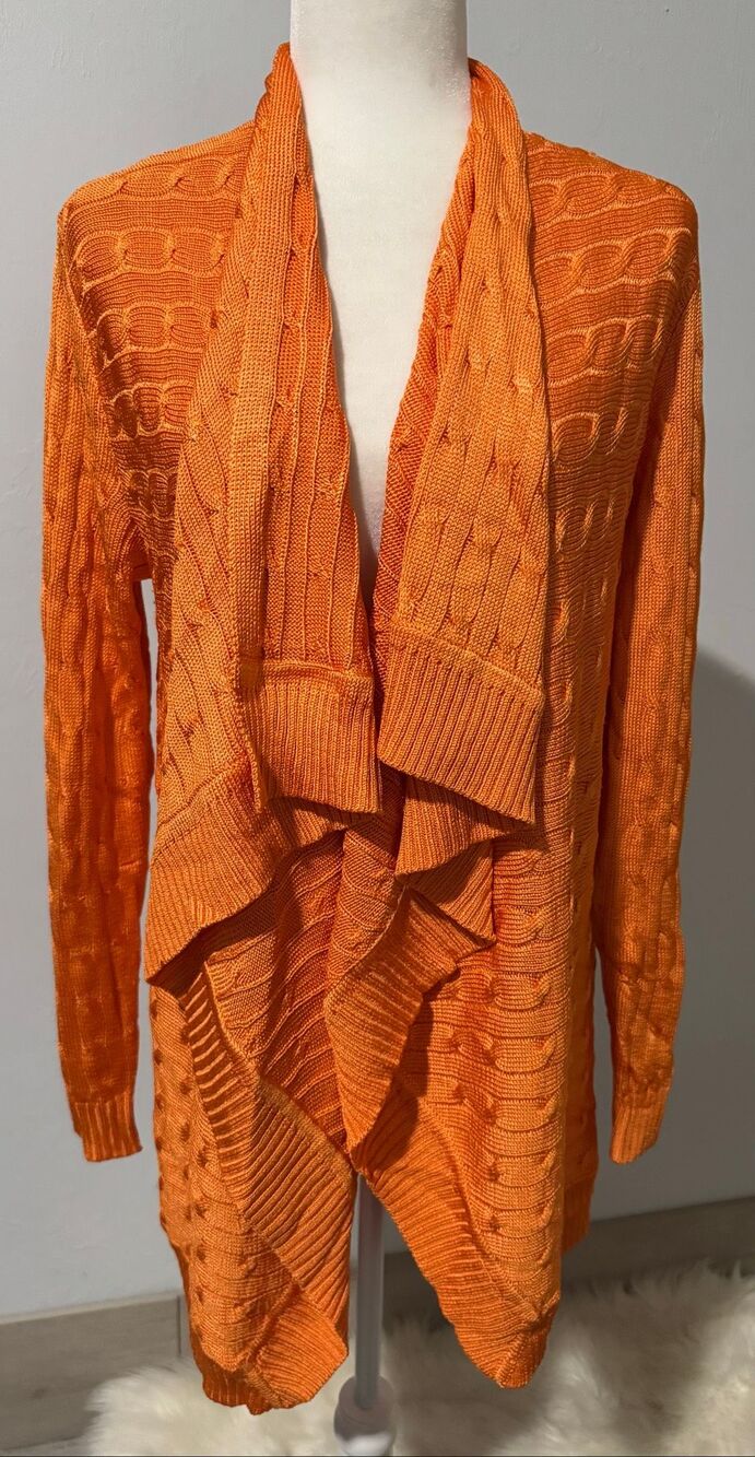 Ralph Lauren black label 100% Silk orange cable knit long open front sweater L